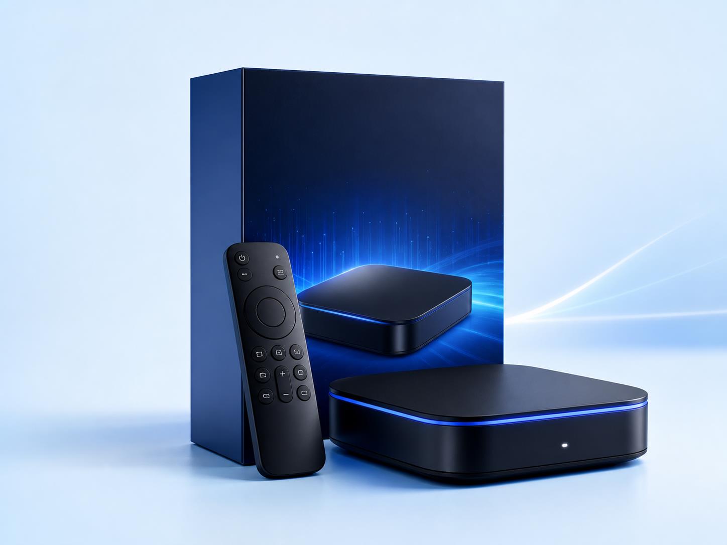 IPTV Suomi boksi ja kaukosäädin sinisellä taustalla