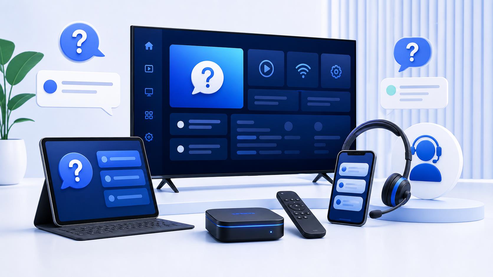IPTV Suomi Pro FAQ ja tukipalvelu sinisellä laitekuvalla