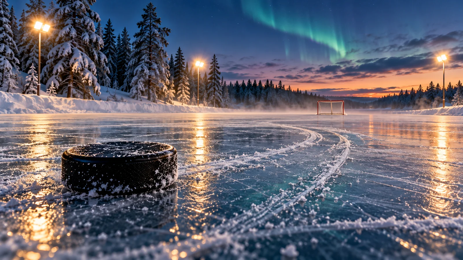 Jääkiekko lumisen ulkojääradan pinnalla revontulten alla